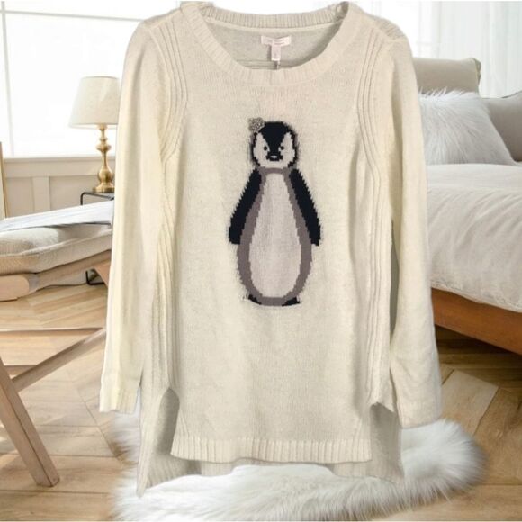 LC LAUREN CONRAD IVORY CREAM PENGUIN KNIT SWEATER DIAMOND RHINESTONE NOVELTY XS - Picture 4 of 15